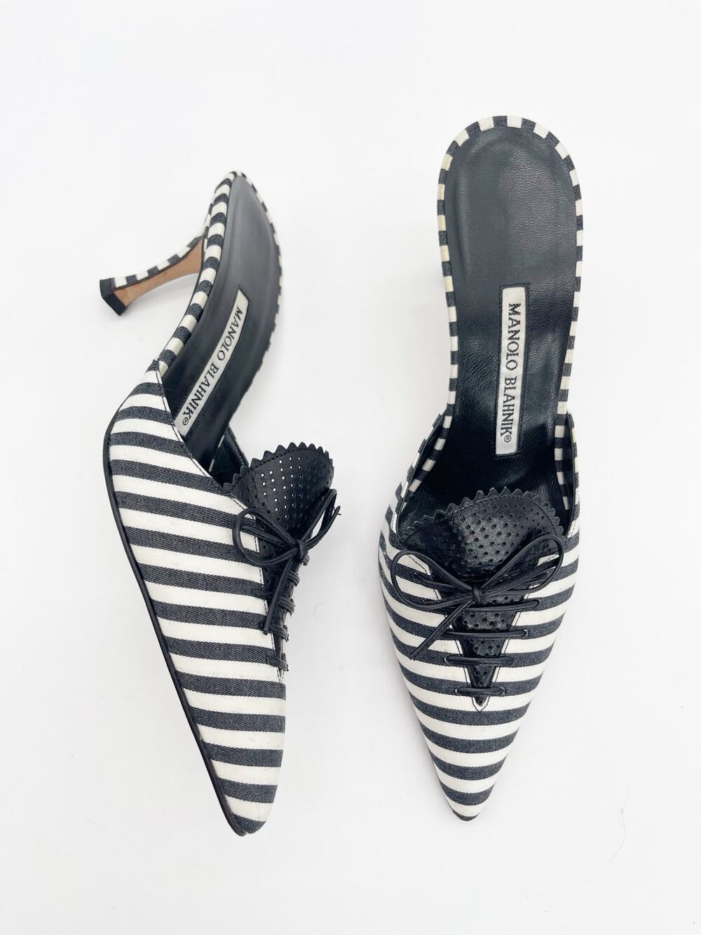 Manolo Blahnik Vintage Black White Striped Lace Up Pointed Toe Heels Mules IT 36